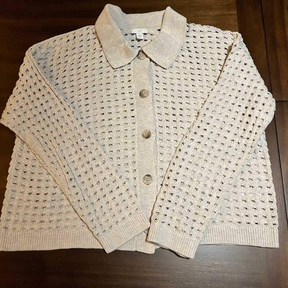 J. Jill Light Cream Open-Knit Button Front Cardigan Sweater